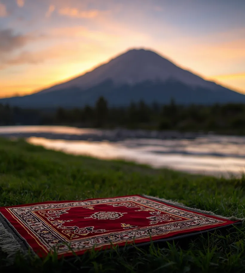 A prayer mat on the grass beside a river, with a mountain at sunset